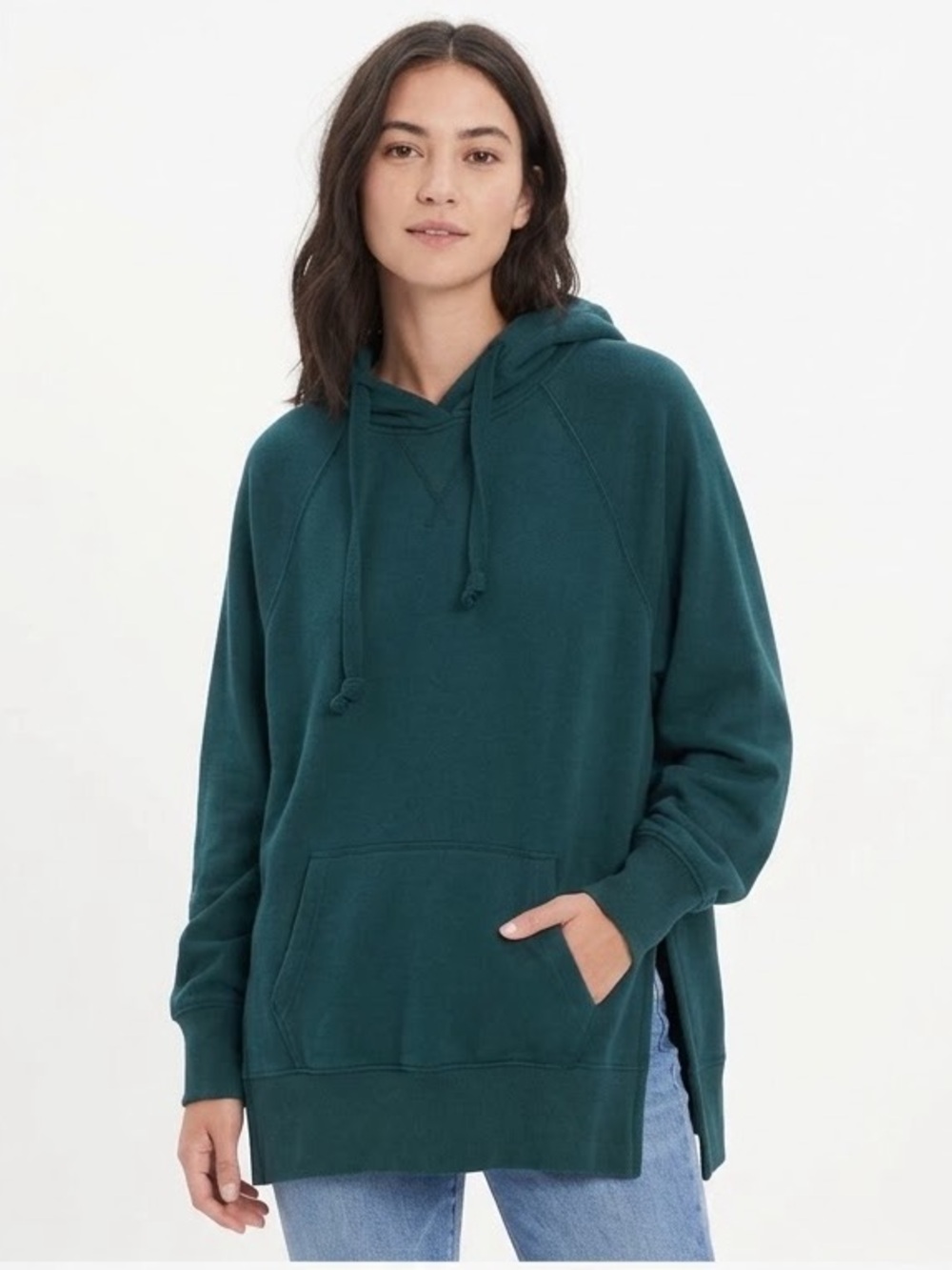 American Eagle Dark Forest Green Oversized Hangout Hoodie Side Vent Swea…